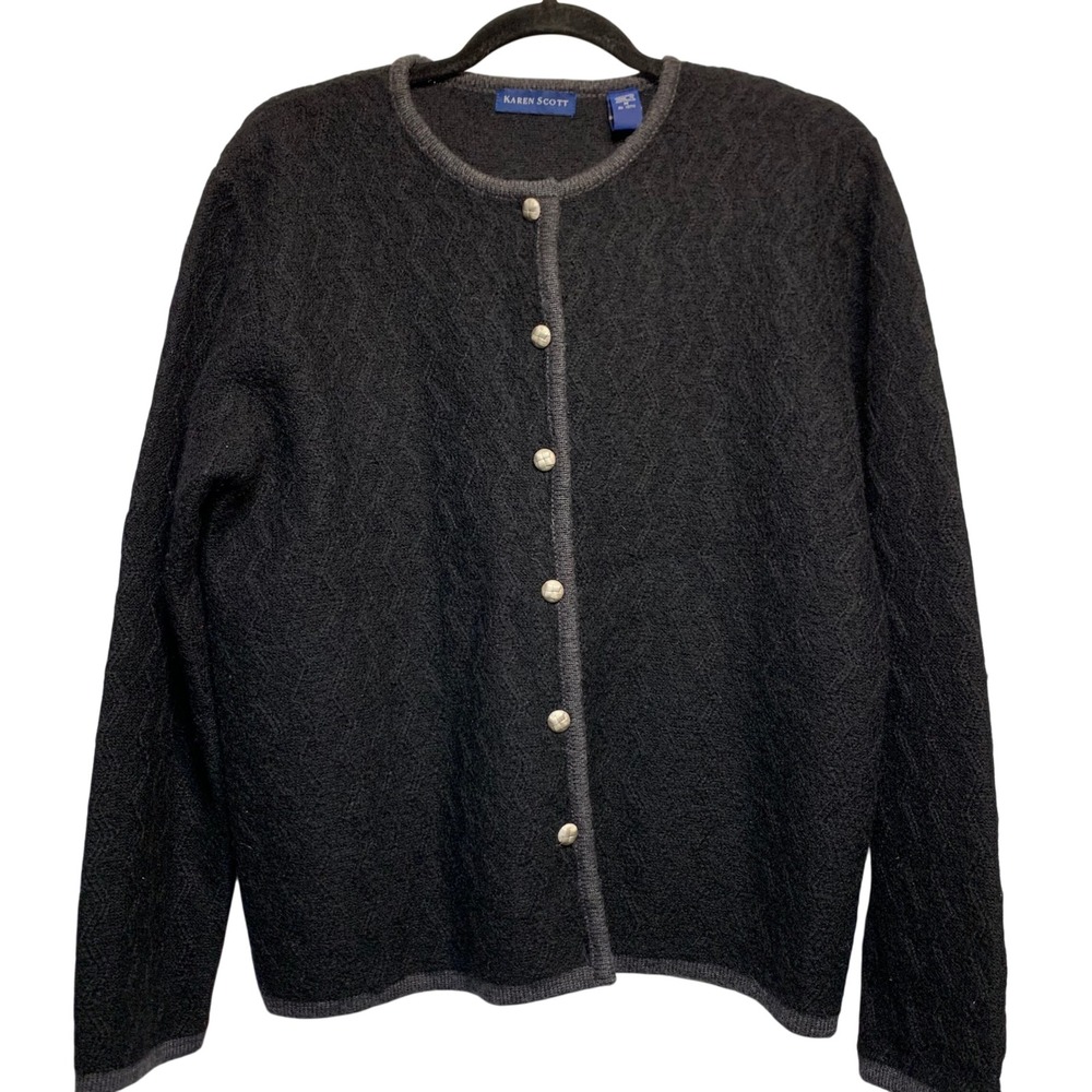 Karen Scott Wool Cardigan Sweater Size M Black Vintage Minimalist Quiet Luxury
